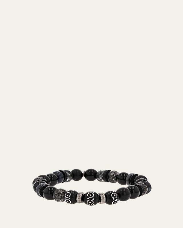 Black Mix 8mm Bead Bracelet with 4 Pave Diamond Rondelles